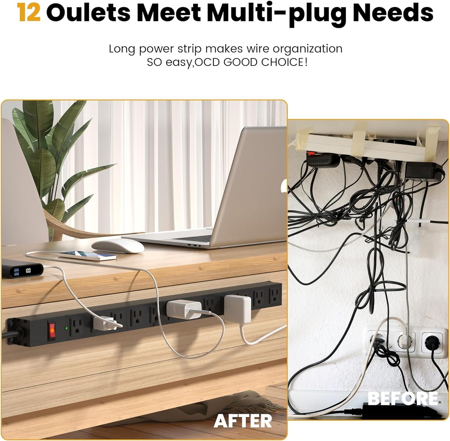 12 Outlet Long Power Strip Surge Protector with 2100 Joules, 6FT Power Cord, Wide Spaced Outlet Power Bar, Overload Protection Switch, Industrial Heavy Duty for Work Bench, Shop, Garage (Black)…