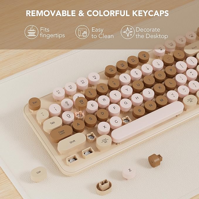 Wireless Keyboard and Mouse Combo, Round Keycaps, Full-Size Retro Typewriter Keyboard with Detachable Wrist Rest, Sleep Mode & Tilt Legs, 2.4GHz Cordless Connection for Mac/Windows/PC (Latte)