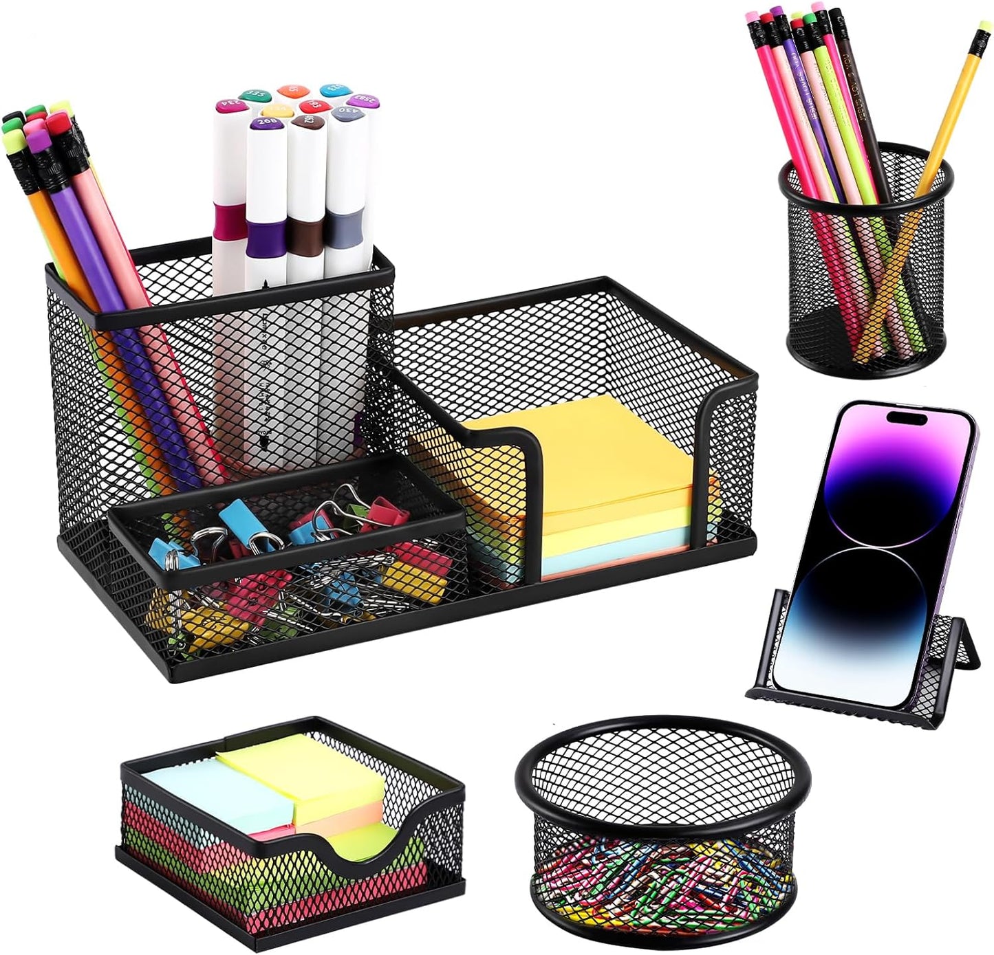 Mesh Pen Holder for Desk Pencil Holders 5 Pieces Desk Organizer Office Supplies Caddy with Sticky Notes Holder for Office School Home Black