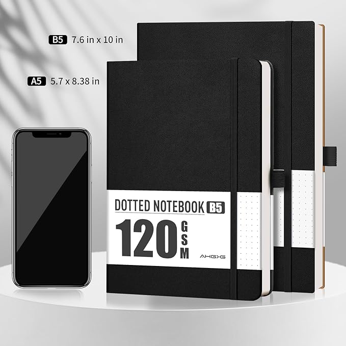 AHGXG Bullet Dotted Journal - Dot Grid Notebook Journal, 120 GSM Thick Acid-Free Paper, Large B5 Dotted Notebook 96 Pages, Leather Softcover, Inner Pocket, Journal Stencil, 7.6'' X 10'' - Black