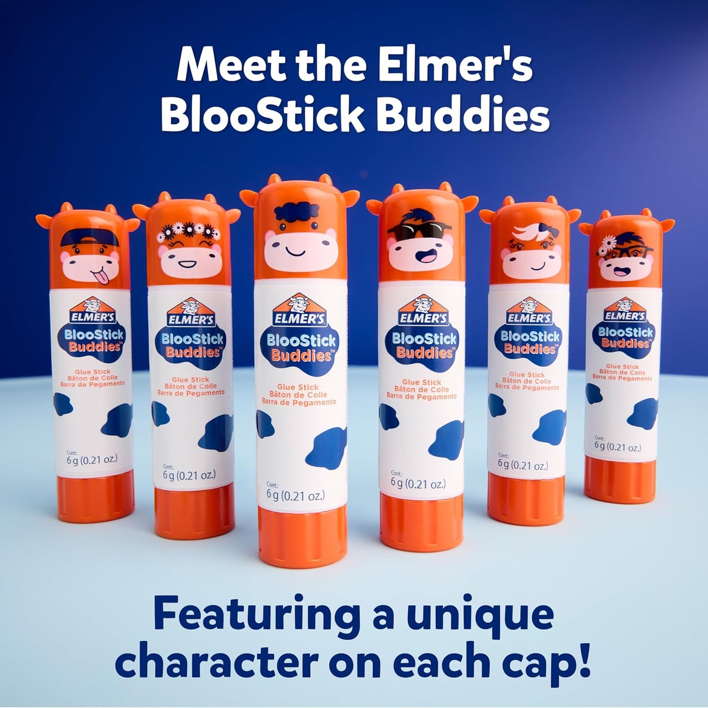 Elmer's BlooStick Buddies Glue Sticks, Disappearing Blue Glue Stick, Anti-Roll Cap, 6g, 48 Count, #1 Teacher Brand