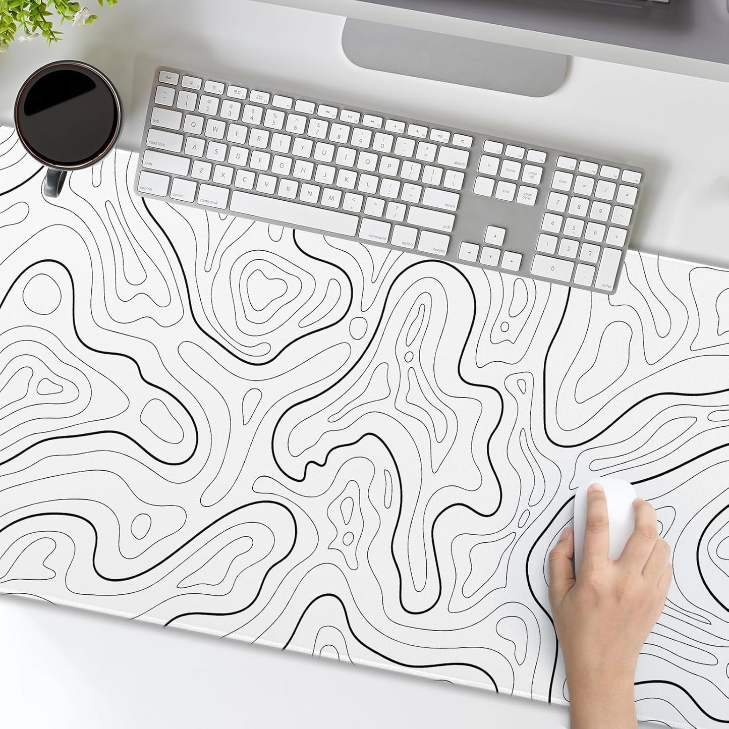 White Topographic Contour Gaming Mouse Pad XL Geographic Map Lines Minimalist Extended Large Mat Mousepad Desk Pad Non-Slip Rubber Base Stitched Edge Long Keyboard Pad for Computer,31.5×11.8 Inch