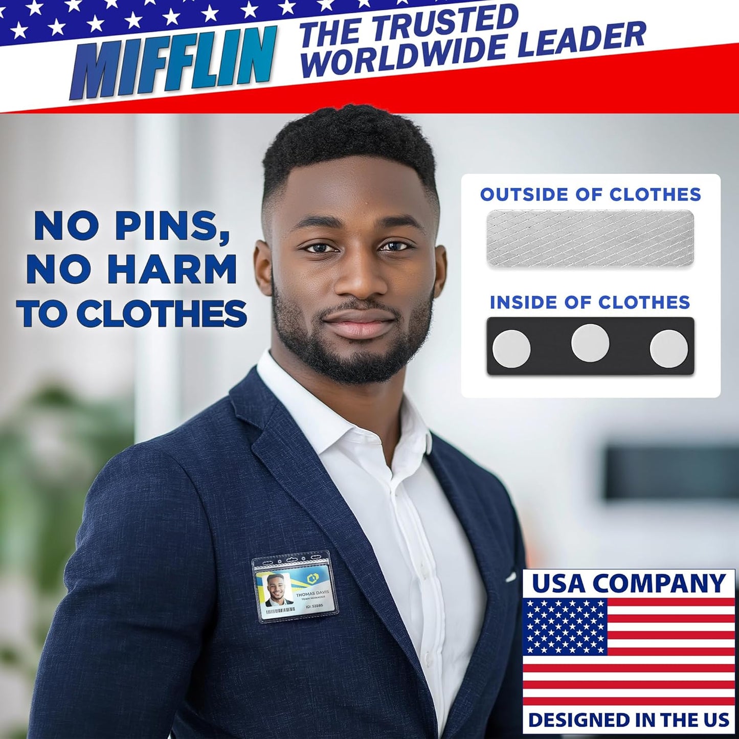 Mifflin-USA - Name Tag Magnets - 200 Pack, 1.75 x 0.5 Inches - Premium ID Badge Holder with 3 Extra Strong Neodymium Magnets