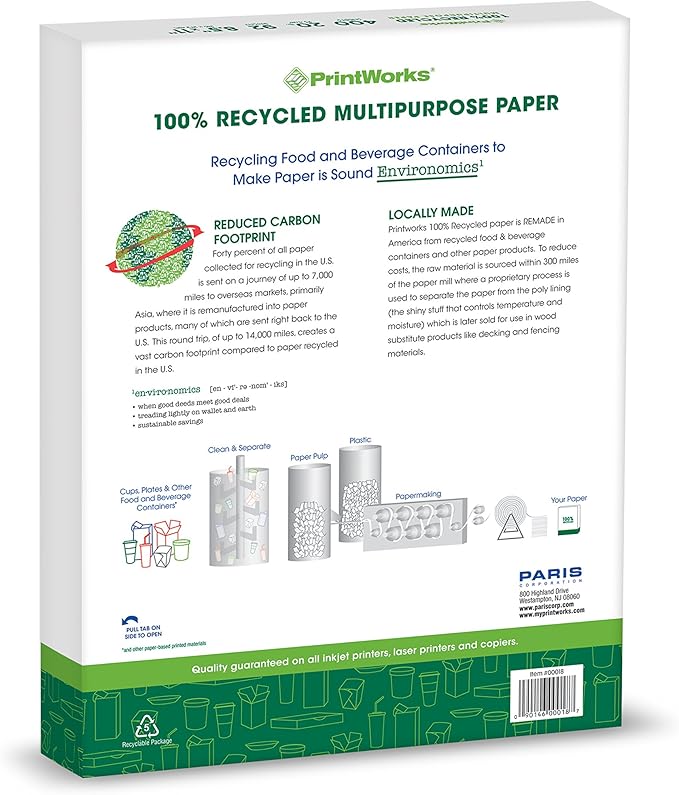 PrintWorks 100% Recycled Printer Paper 8.5" x 11" White - 20 lb Copy & Multipurpose Computer Paper - 3 Packs, 1200 Sheets - Made in the USA - 92 Bright - Printer & Copier Compatible (00018-3)