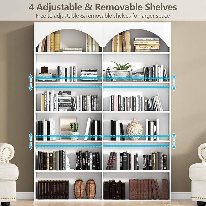 70.8’’ Tall Bookshelf and Bookcase, 7-Tier Double Wide Bookcase Modern Large Open Display Shelves with Curved Baffle for Home Office Living Room (White)