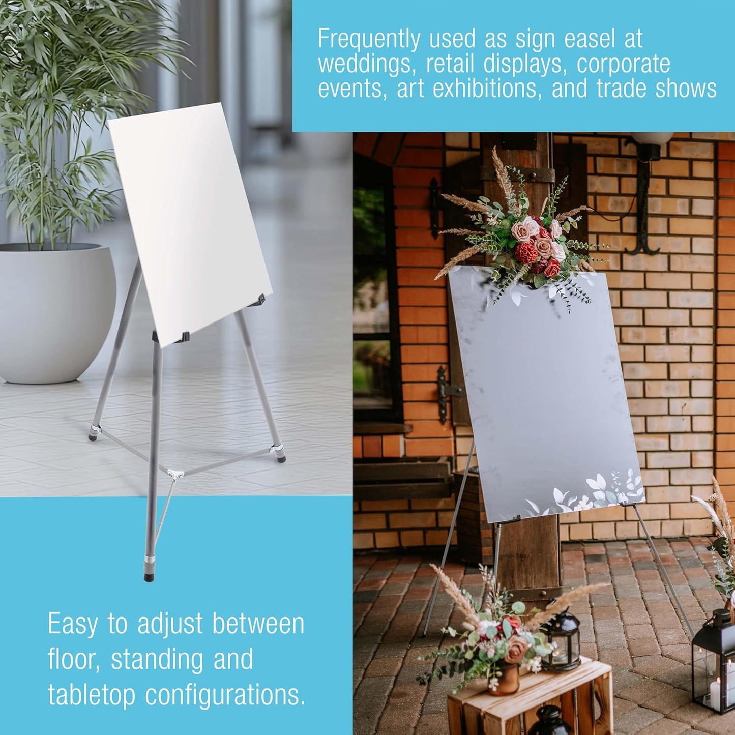 U.S. Art Supply 66" High Gallery Silver Metal Display Easel - Large Adjustable Height Portable Easel Stand, Sign Display, Holds 25 lbs - Floor & Tabletop Easels, Painting Stand