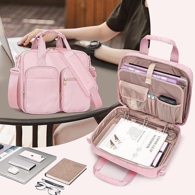 3 Ring Zipper Binder, 2 Inch Ring Binder Organizer Bag with Shoulder Strap Fits 13 Inch Laptop and 500 Sheets, Pink (Empty Bag Only)