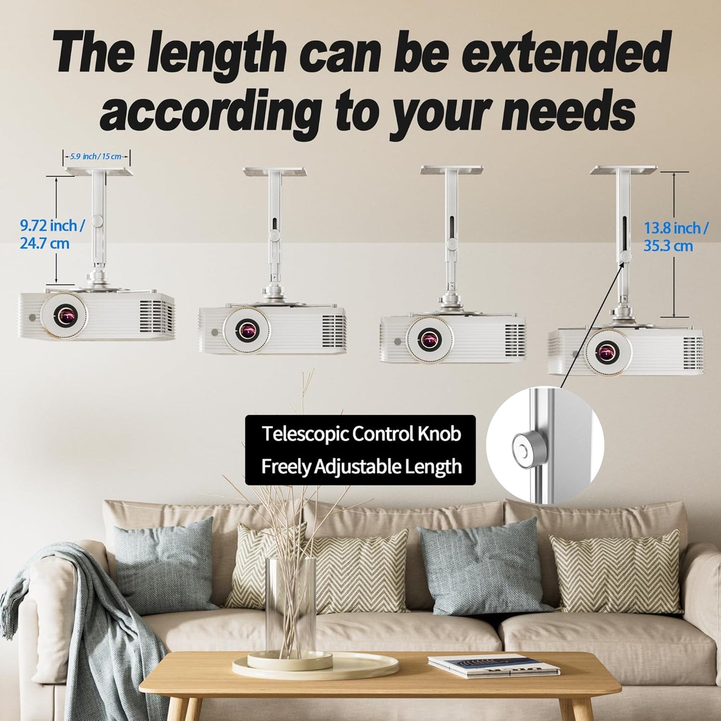 Projector Mount Wall with Multi-Hole Design, Adjustable Universal Ceiling Mount for Home Theater, Office, Classroom, Load 55 lbs - Silver