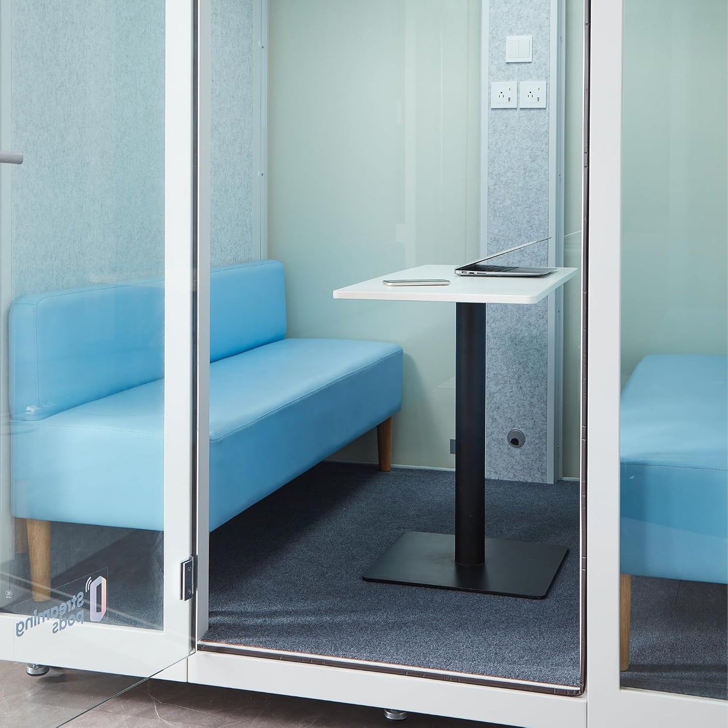 GEARONIC Mobile Office Pod Booth, Sound Proof Office Booth Pod with Mobile Roller, Larger Space for 4-6 People, LED Lighting System,Fans and AC USB Ports