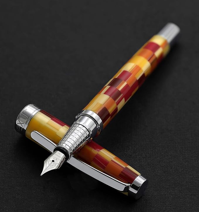 Xezo Urbanite Fountain Pen, Medium Nib. Retro Red, Yellow, Orange, and Cream Acrylic on Brass. Chrome Plated. Limited Edition and Serialized. No Two Alike