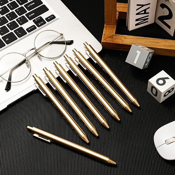 30 Pcs Gold Metallic Slim Ballpoint Pens Bulk Retractable Black Ink Medium Point (0.5mm) Smooth Writing Pens for Wedding Bridal Shower Business Office Students Teachers
