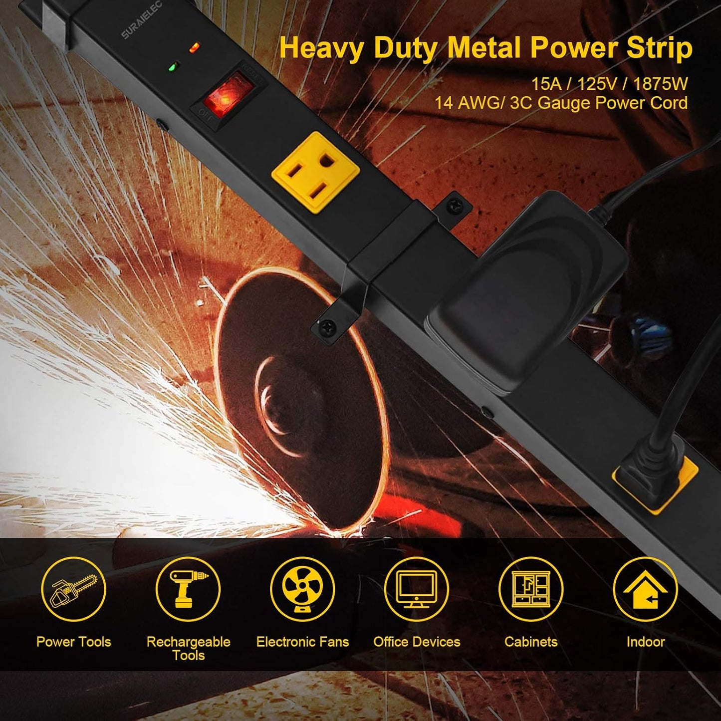 SURAIELEC 10 Outlet Long Power Strip Surge Protector, Industrial Heavy Duty Metal Shop Power Strip with Flat Plug, 1000 Joules, 15 AMP Breaker, 6FT Cord, Wall Mountable, for Work Bench, Shop, Garage
