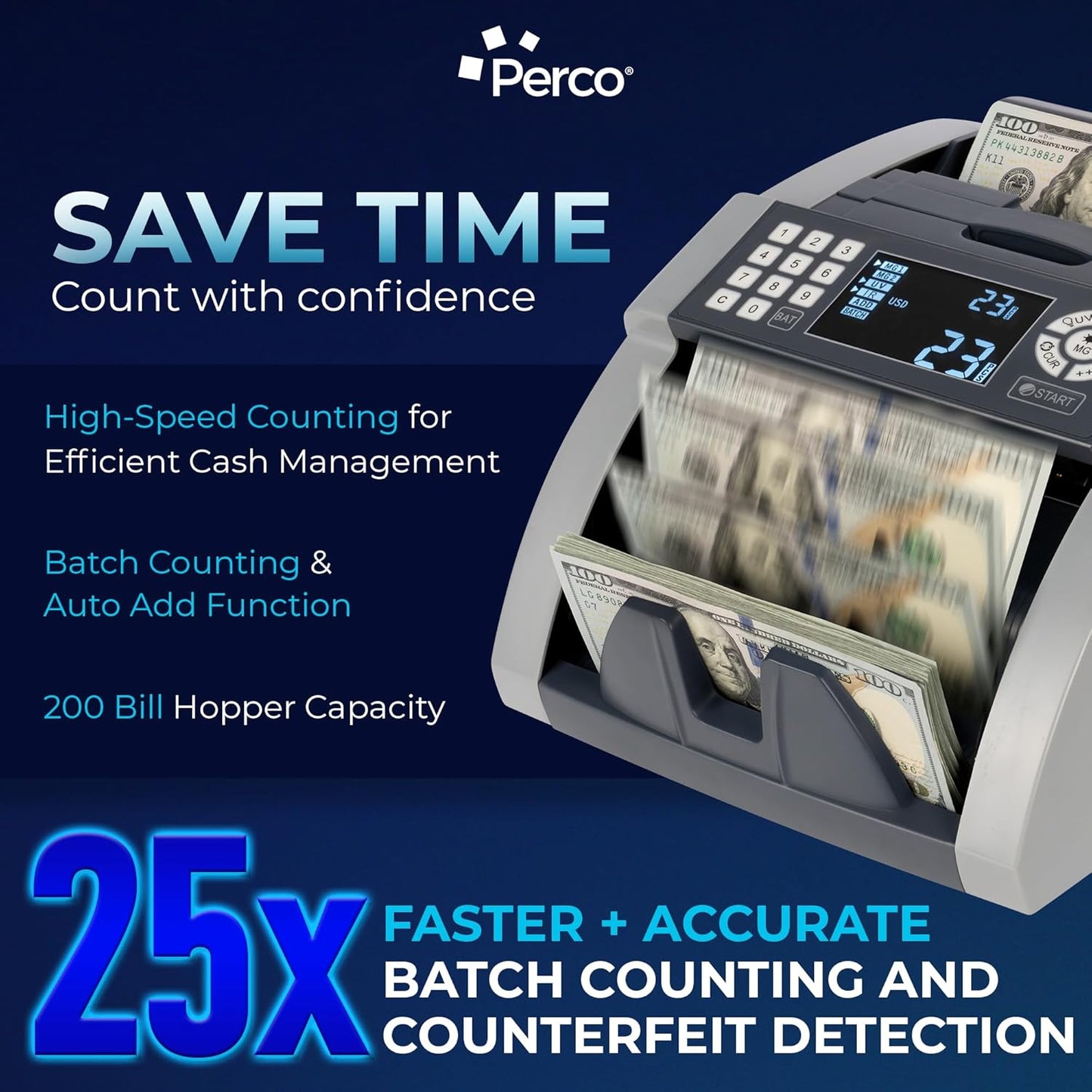 Perco Bill Counter and Counterfeit Detector Machine – Money Counter Machine with UV/MG1/MG2/IR, Voice Alerts, Keypad, Add & Batch Modes, Volume Control, Multi-Currency (USD/EUR/INR), LCD Display