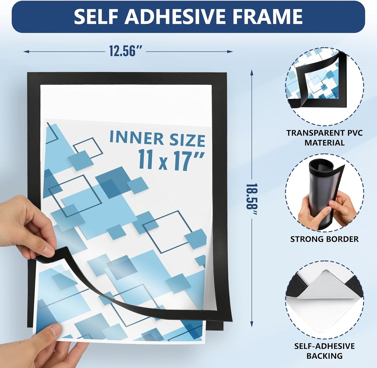 12 Pack Magnetic Sign Holder 11 x 17 with Adhesive Back - Magnetics Poster Frame & Magnetic Paper Holder - Reusable Adhesive Frames 11x17 - Magnet Frame for Wall Windows - Magnet Document Holders