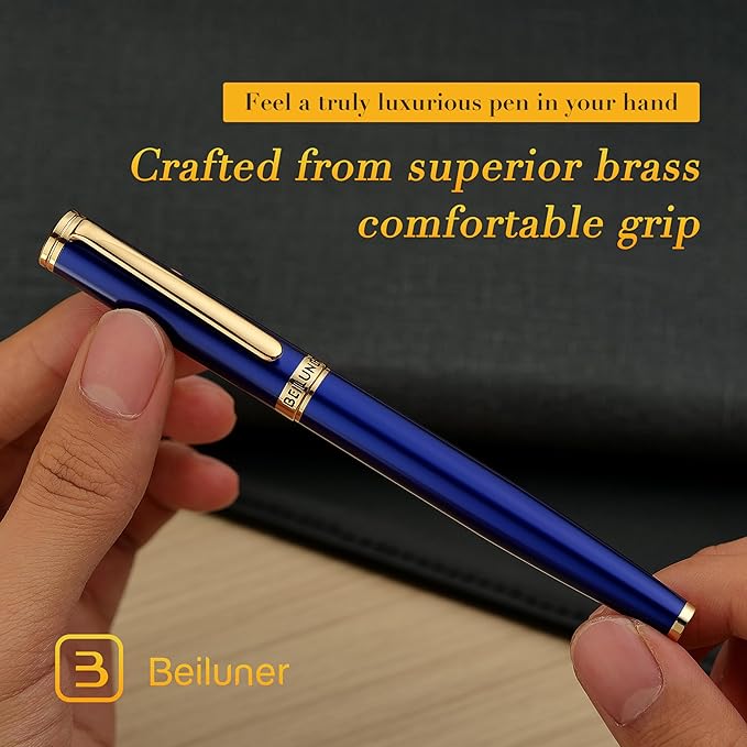BEILUNER Blue Fountain Pen,Stunning Luxury Lacquer, 24K Gilded Nib(Fine),Gorgeous 24K Gold Accents, with Ink Converter,Fancy Gift for Men&Women-Smooth,Elegant,Graduation,Reliable,Nice Pens for Writing