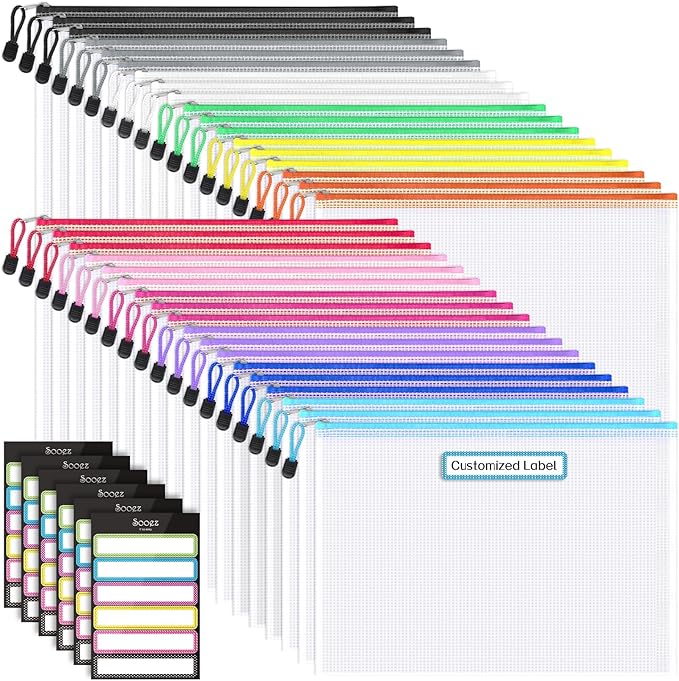 Sooez 36 Pack Mesh Zipper Pouch with Sticky Labels, A4 Mesh Bags for Board Game Puzzles Organization Storage, Durable Letter Size File Folders Organizer for Teacher School Classroom Office Supplies
