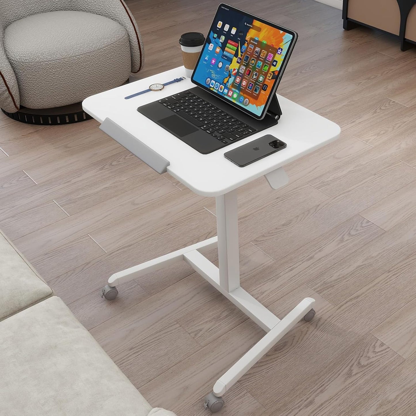 PUNCIA 90°Tiltable Small Standing Desk with Stoppers Mobile Rolling Laptop Table on Wheels Pneumatic Adjustable Height Computer Workstation Stand Up Cart Bedside Overbed Table for Home Office White