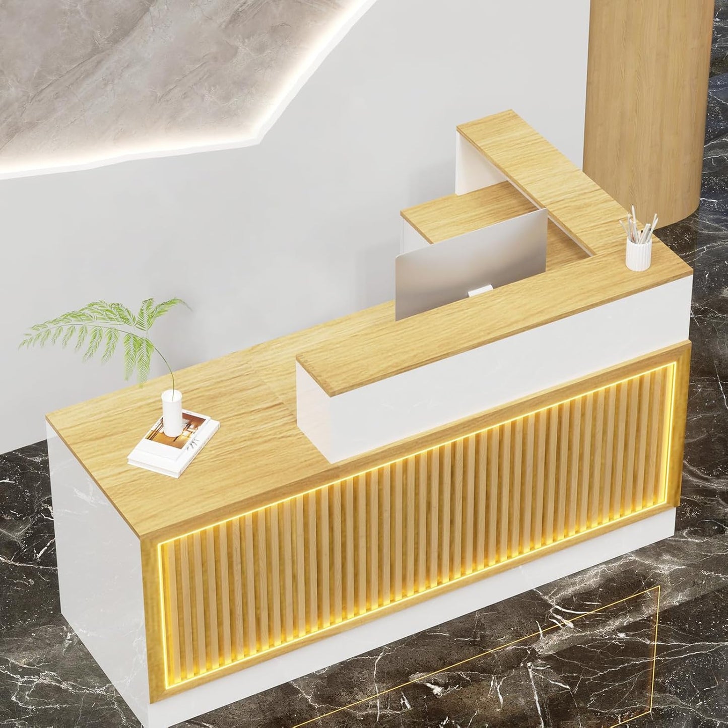 L Shaped Reception Desk, Solid Wood Front Desk with Counter & Lockable Drawers, Retail Checkout Customer 2 Person Secretary Desks for Home Office Lobby Store (63in,Left)