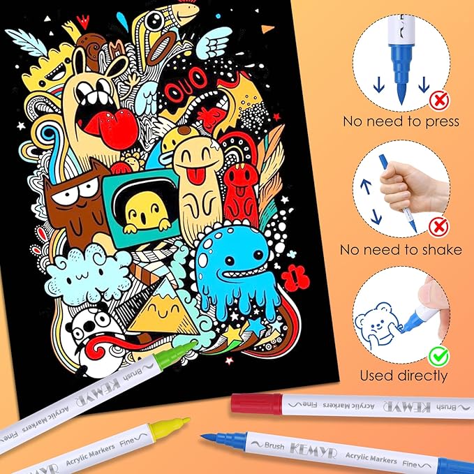 48 Colors Brush & Fine Tip Acrylic Paint Pens, Dual Tip Acrylic Paint Markers for Paper, Wood, Canvas, Stone, Rock, Glass, Fabric, DIY, Ceramic, Art Supplies for Kids and Adults Drawing