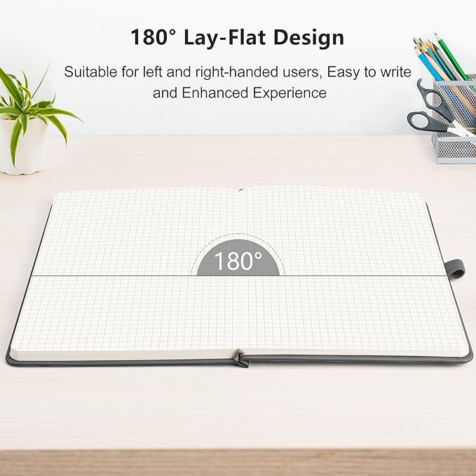 RETTACY Graph Grid Paper Notebook, 192 Pages, A5 Medium Size (5.7'' x 8.3''), 5 Squares per Inch, Leather Hardcover, 100 GSM Thick Paper, for School, Students, Math, Engineering (Gray)