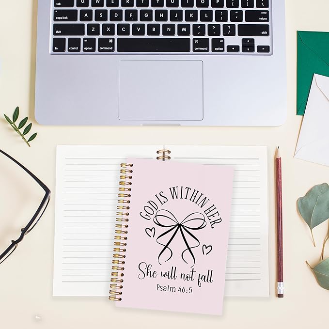 BearCake Pink Coquette Bow Christian Notebook Journal, God is Within Her She Will Not Fall Bible Journal for Women, Christian Religious Gifts for Woman, Hardcover Spiral Notebook 5.5x8.3