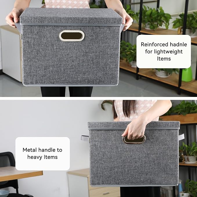 Voova Large Collapsible Storage Bins with Lids, 3 Pack Stackable Line Fabric Cube Storage Organizer, Foldable Closet Storage Boxes Baskets Containers with Cover for Clothes Bedroom Office Home, Grey