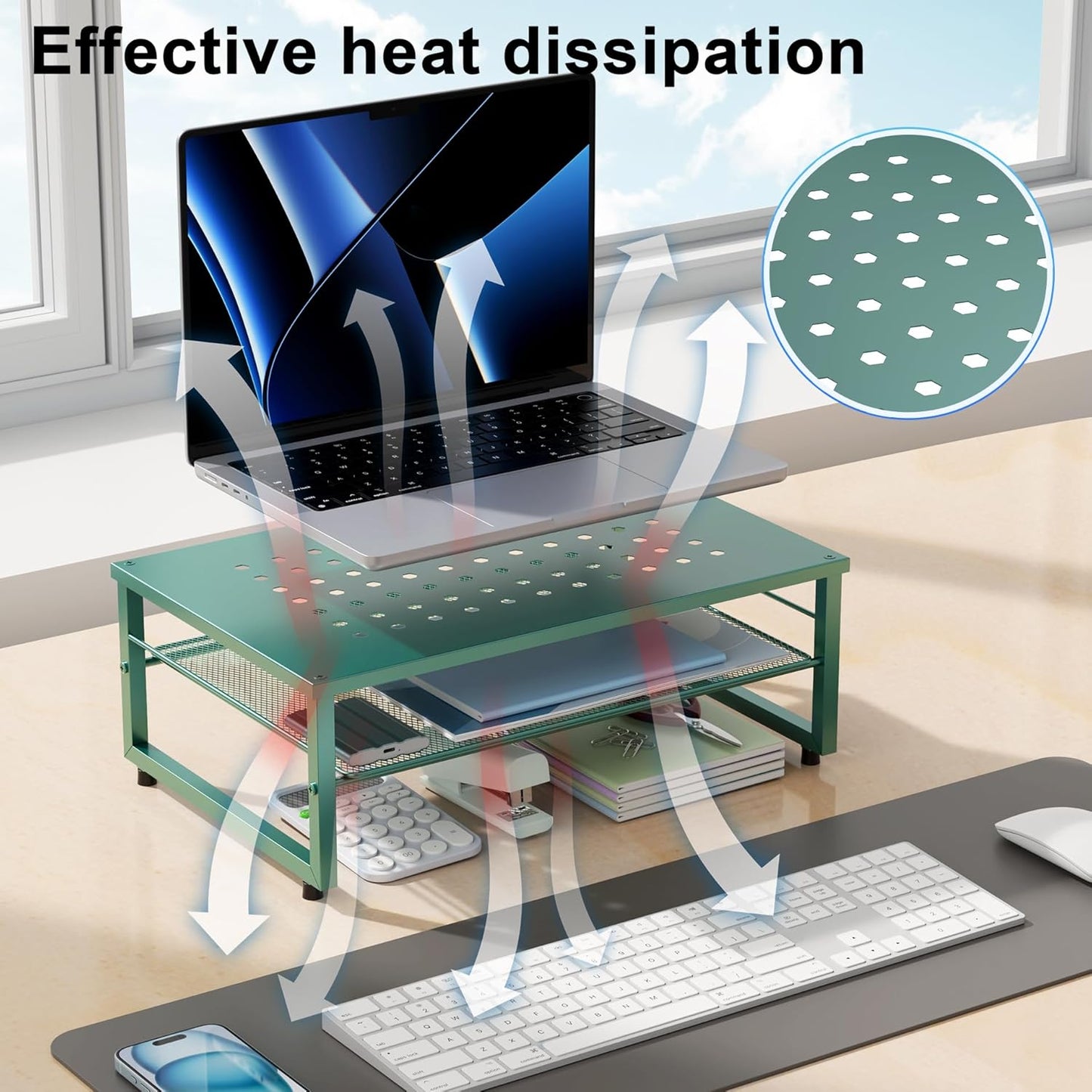 gianotter 2-Tier Metal Monitor Stand Riser, Desk Organizer for Monitor, Office Desk Storage Organizer for Office Supplies (Dark Green)