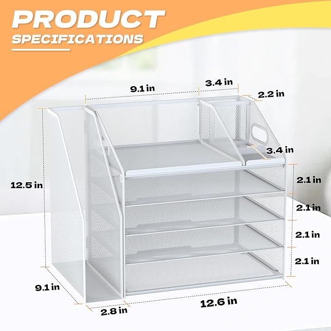DocNest 5 Tier Paper Letter Tray File Organizer, Mesh Desk File with Handle, Workspace Desk Organizers with Pen Holder, Office Organization Storage Accessories - White
