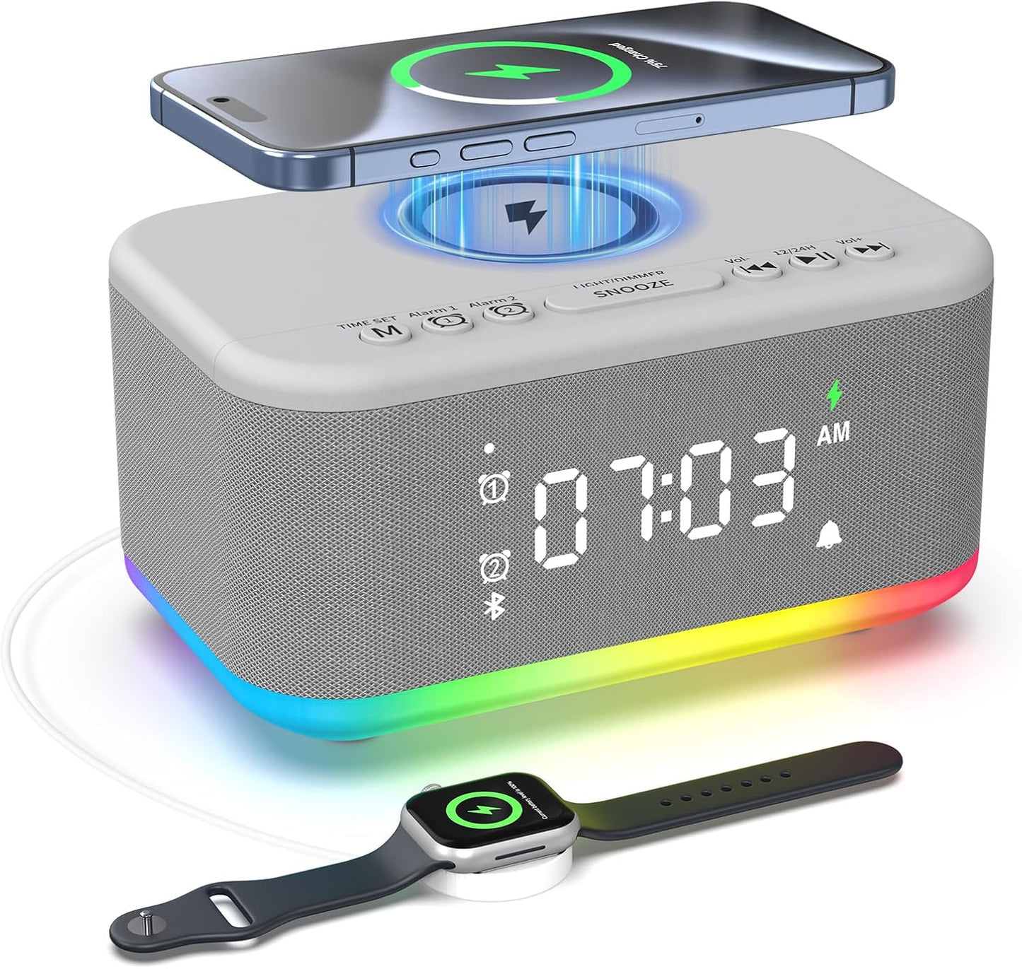 Alarm Clock Speaker Wireless Charger, Digital Alarm Clocks Bedrooms Bluetooth, Alarm Clock Dimmable Light Bedrooms Bluetooth Speaker Dual Alarm Snooze 12/24H Dimmer Support USB AUX, Grey