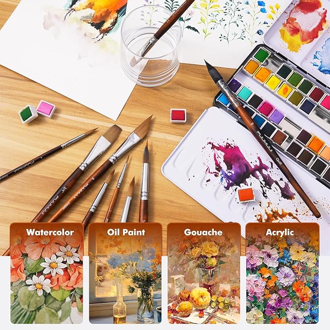 Watercolor Brushes Professional, Fuumuui 9pcs Sable Paint Brushes & Natural Squirrel Mop Brush Set with Extended Needle, Round Point, Flat, Dagger, Quill Wash for Watercolor Gouache Inks