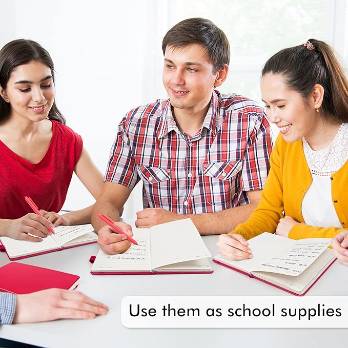 feela 5 Pack Notebooks Journals Bulk, Hardcover Notebook Classic Ruled Lined Journals with Pen Holder for Women Girls School Business Supplies, with 5 Black Pens, 120 GSM, 5.1”x8.3”, A5, Berry