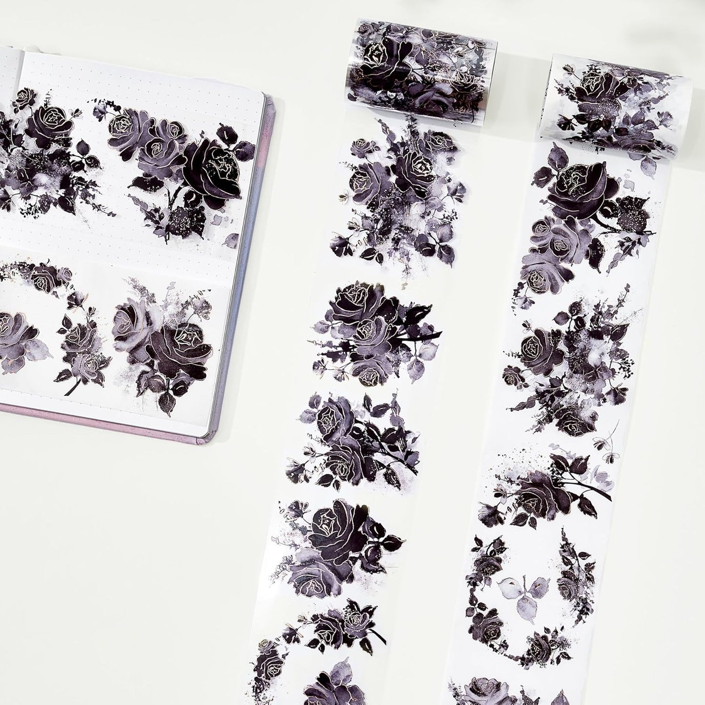 WT Rose Noir Wide Washi Tape Gilded, Single Roll, Original Designs, Black Flower Gold Foil Decors, Journal Scrapbook Bujo Planner DIY Crafts Supplies Gifts, Vintage Floral Adhesive Tape
