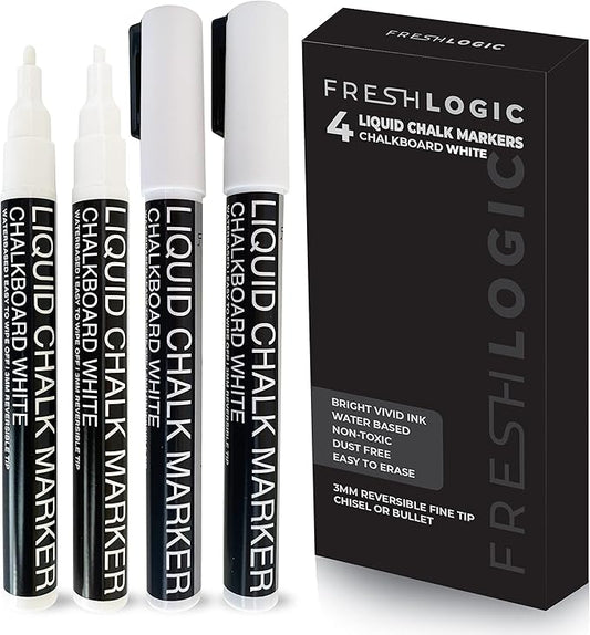 Liquid Chalk Markers - 4 White Fine Tip Chalk Pens, Erasable, Non-Toxic, Water-Based, Kids & Adults - White Chalk Markers for Blackboard, Glass, Chalkboard Paint for Businesses, Restaurants