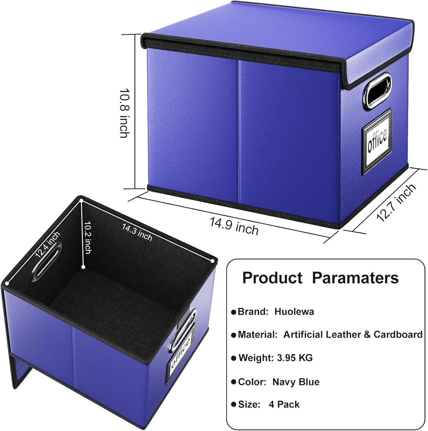 Huolewa Decorative Leather File Organizer Storage Boxes with Lids Set of 4, Document Boxes Organizer, Filing Boxes, Decorative Small File Boxes for Hanging Files, File Cabinet for Office/Home - 4 Pack