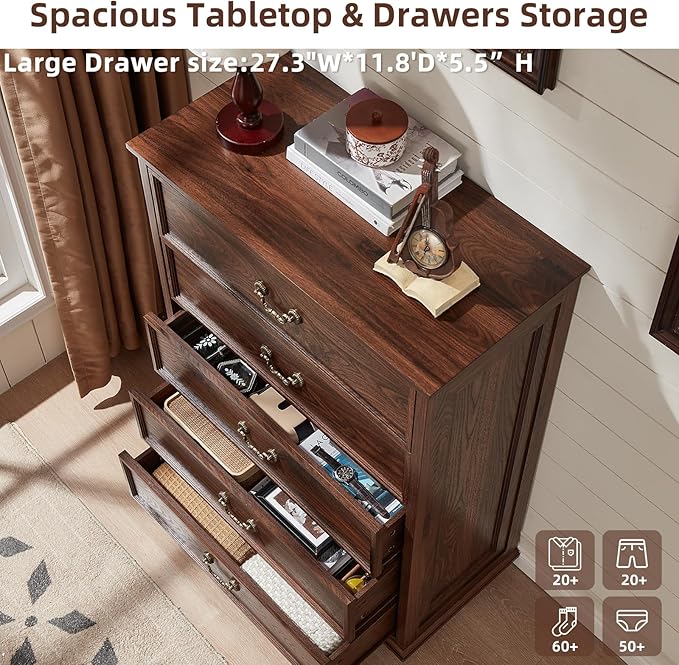 Farmhouse 5 Drawer Dresser for Bedroom, 45" Tall Rustic Chests of Drawers w/ 4 Solid Wood Feet, Mid Century Modern Wooden Closet Storage Dressers Organizer for Living Room, Hallway, Brown