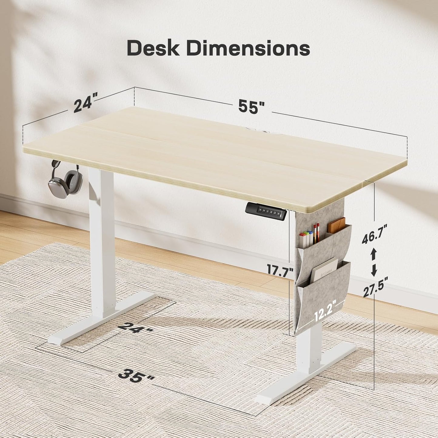 Marsail 55x24 Electric Standing Desk - Adjustable Height Computer Desk with Memory Presets, Storage Bag & Cable Management for Home Office & Gaming Workstations