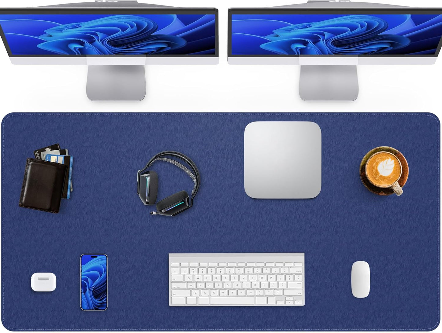 Extra Large Desk Pad Mat - Waterproof Mouse Pad & Desk Protector, Non-Slip XXL PU Leather Gaming Mat for Keyboard/Mouse, Stitched Edge with Ergonomic Support, 55"x17" (Blue)