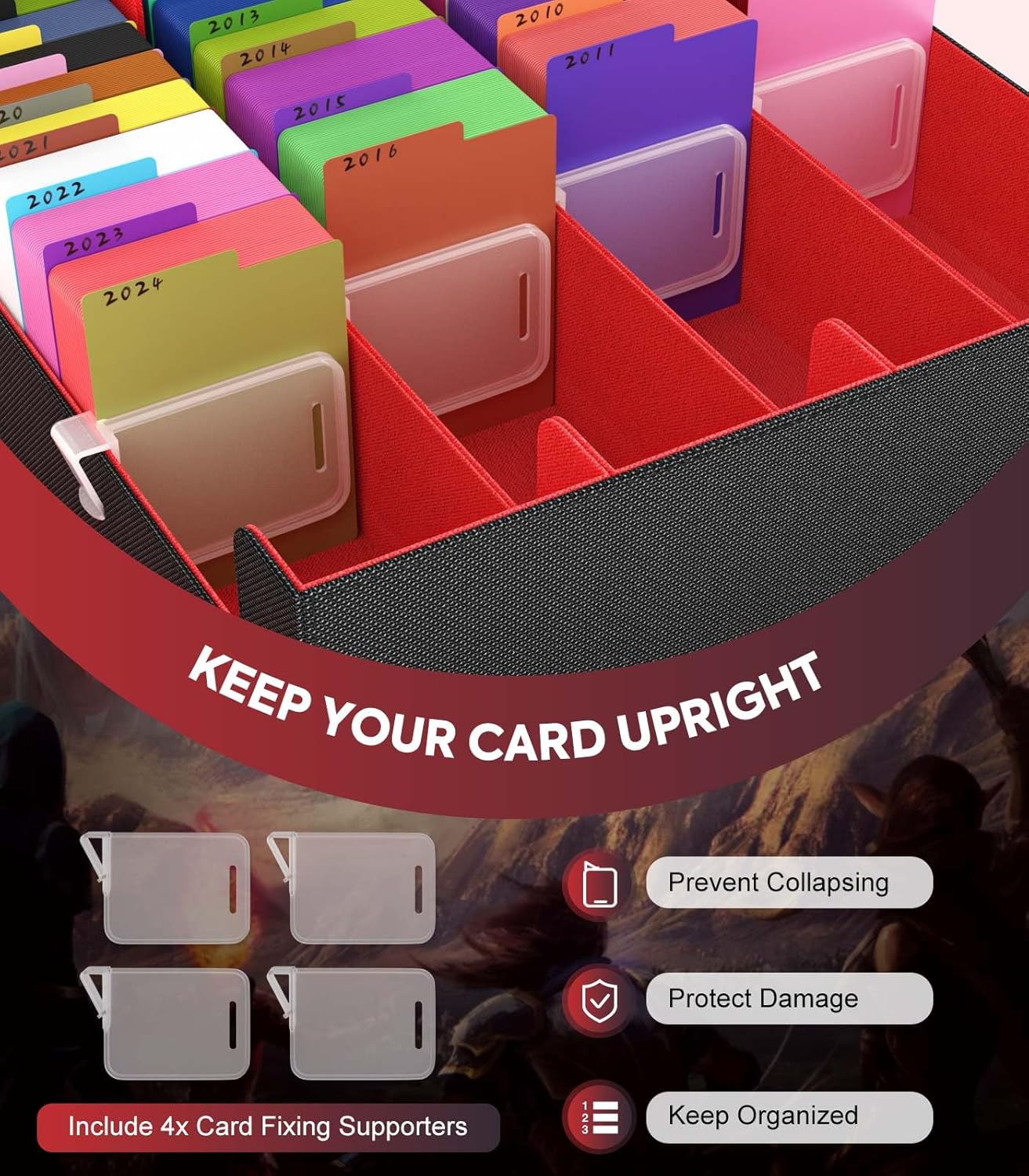 MoKo Trading Card Storage Box, 3000+ MTG Deck Box with 24 Colorful Dividers & 4 Card Supporters, Commander Card Deck Case Fits for Magic Game Cards, YugiOh, TCG, PTG and Sport Cards, Black Red