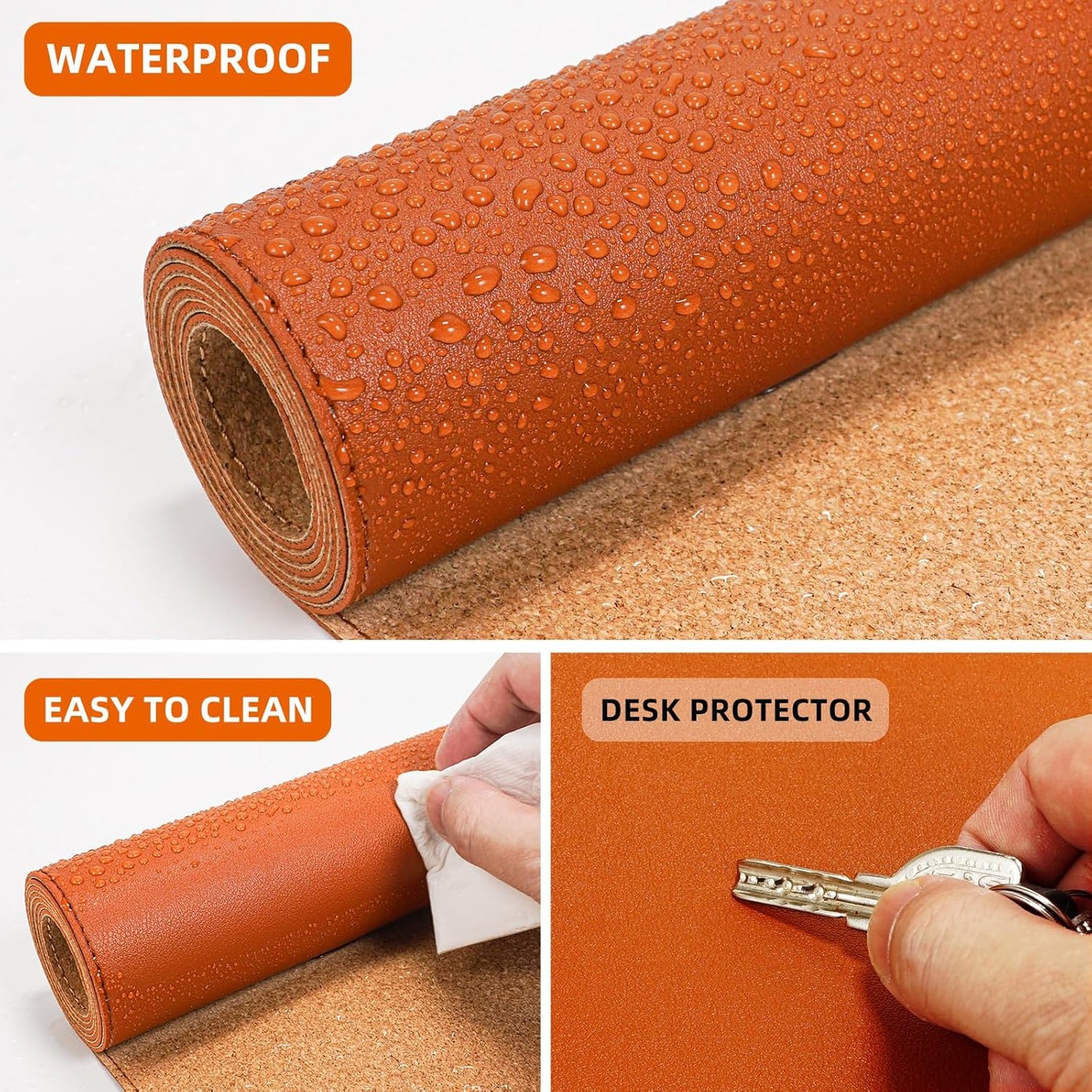 Leather Desk pad Protector, Large Desk mat with Natural Cork & PU Leather,Mouse pad,Non-Slip Office Desk Mat,Waterproof Desk Writing Pad for Office and Home (35in*17in, Orange)