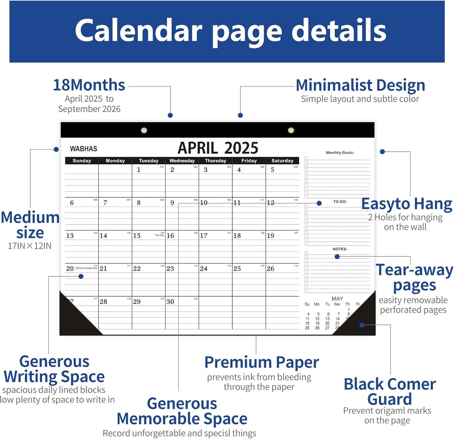 Desk Calendar 2025-2026,April 2025 to September 2026-Calendar 2025-2026 -18 Months,Desk Calendar 2025-2026 with to-do List,Thick Paper,17" x 12" For Planning.