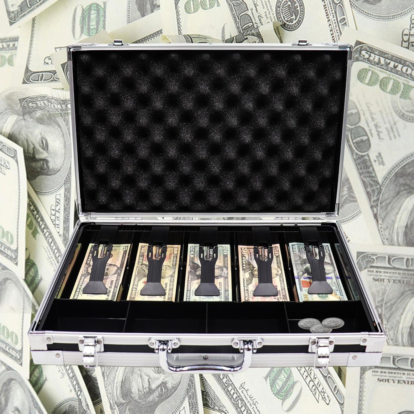 Large Cash Box with Money Tray, Lockable Money Box for Cash, Large Cash Organizer with 5 Compartment Spring-loaded Cash Trays and 4 Coin Trays