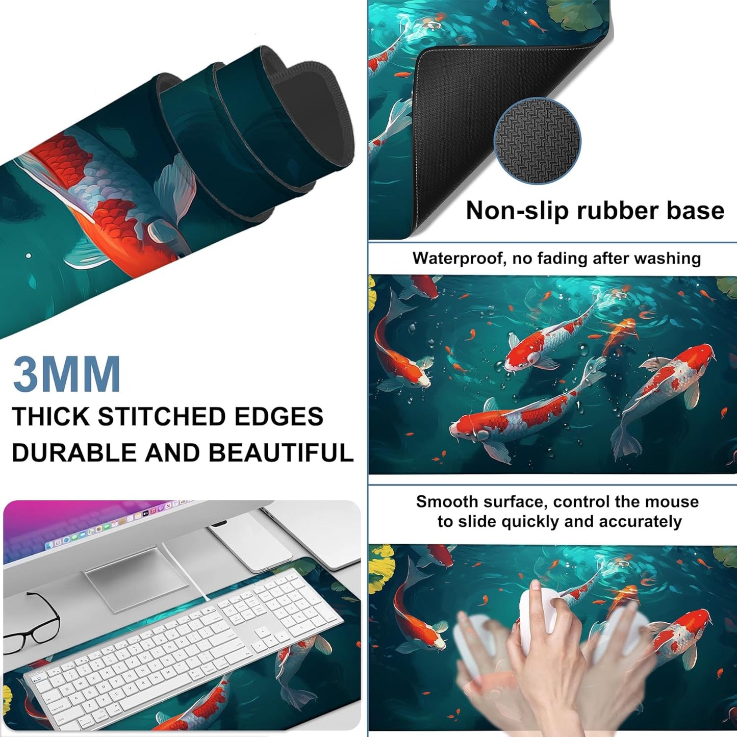 Large Mouse Pad Koi Fish Gaming Desk Pad Computer Keyboard Non-Slip Waterproof Mouse Mat with Rubber Base and Stitched Edges Entertainment Office Writing Desk Mat 35.4 x 15.7 Inches