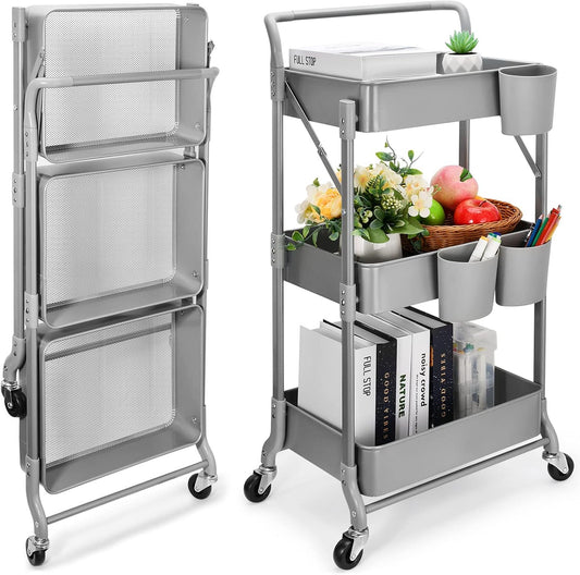 Foldable 3 Tier Metal Utility Rolling Cart, Folding Mobile Multi-Function Storage Trolley Organizer Cart for Home Library Office(Grey)