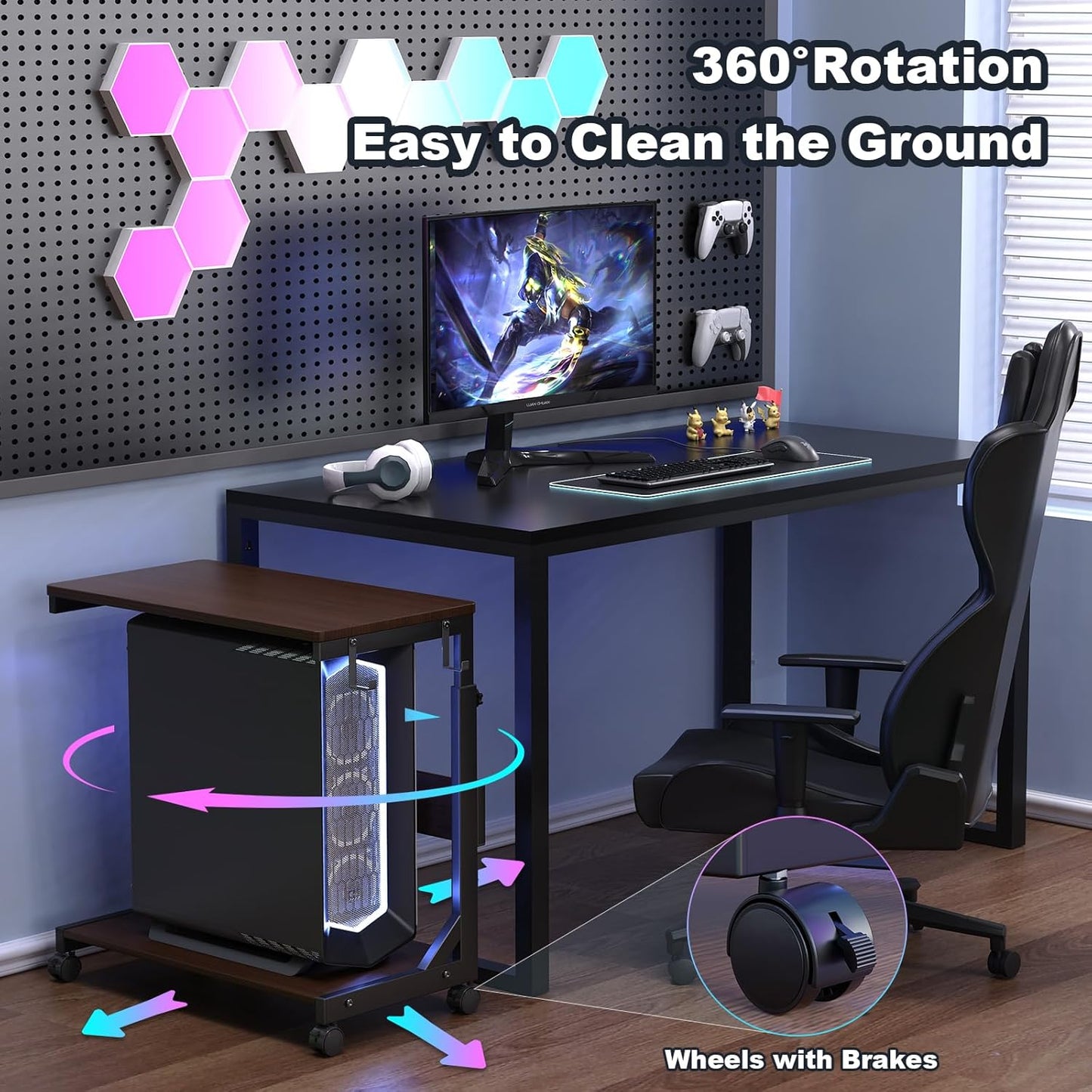 Height Adjustable Computer Tower Stand with Charge Station and USB Charging Port, 2-Tier ATX-Case Cart, Under Desk Mobile PC Stand, CPU Holder Cart with Locking Caster Wheels for Fits Most PC