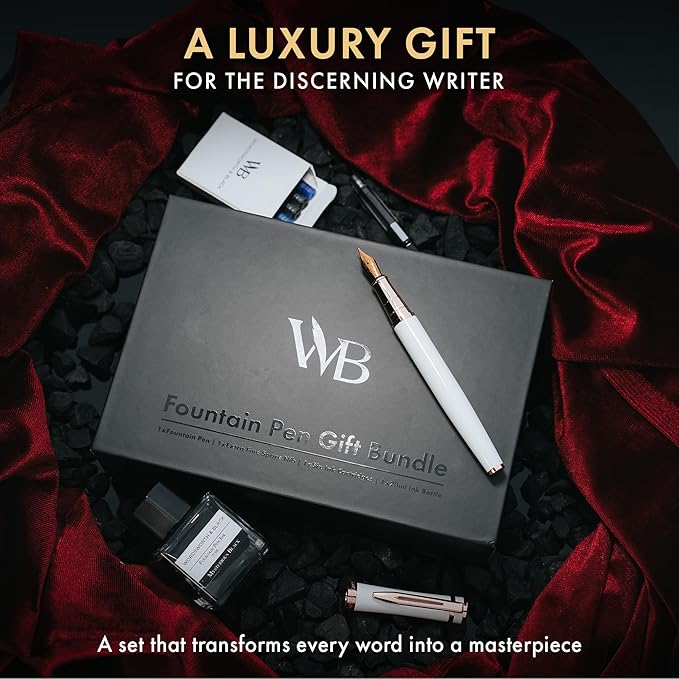 Wordsworth & Black Fountain Pen Set,18K Gilded Medium & Extra Fine Nib,25ML Black Ink Bottle,6 Ink Cartridges,Refill Converter,Gift Box,Smooth Writing Pen [White Rose Gold],Gift Set for Men and Women
