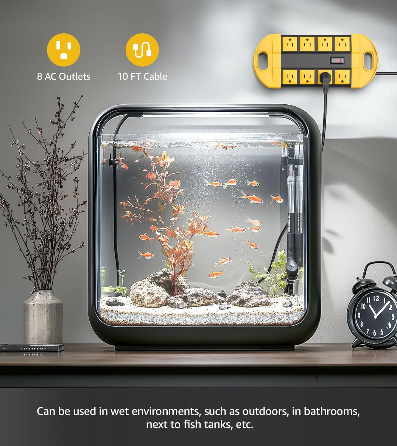 CCCEI GFCI Outdoor Power Strip Weatherproof with 8 AC, Waterproof Extension Cord with Multiple Outlets, Wall Mount Surge Protector Flat Plug, Christmas Exterior Garden, Yard, 10FT, Yellow.