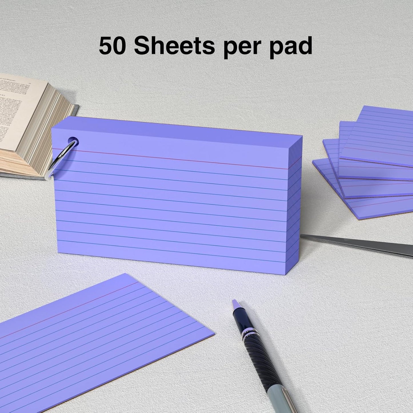 250 Count Purple Index Cards 3x5 Inch with Key Ring, Color Flash Index Card (50 Sheets Each), Durable & Portable Note Taking for Students, Teachers, Study Note Cards for Office Home School