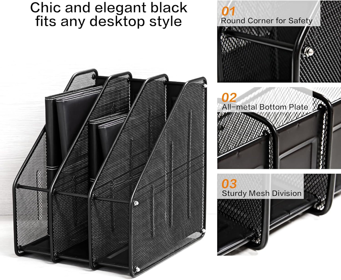 deli Mesh Magazine File Holder, Desk Organizer File Folder Document Rack for Office Organization and Storage, 3 Vertical Compartments, Black