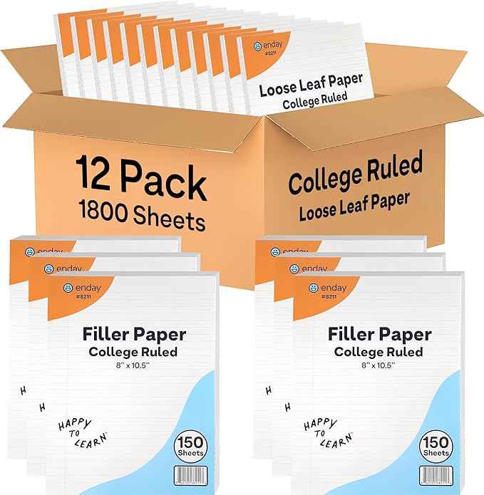 Loose Leaf Paper Bulk, 1800 Sheets, College Ruled, (12 Pack) 150 Sheets Per Pack, 8" x 10.5" White Filler Paper, 3 Hole Punched Binder Paper for 3 Ring Binders, Notebook Paper - By Enday