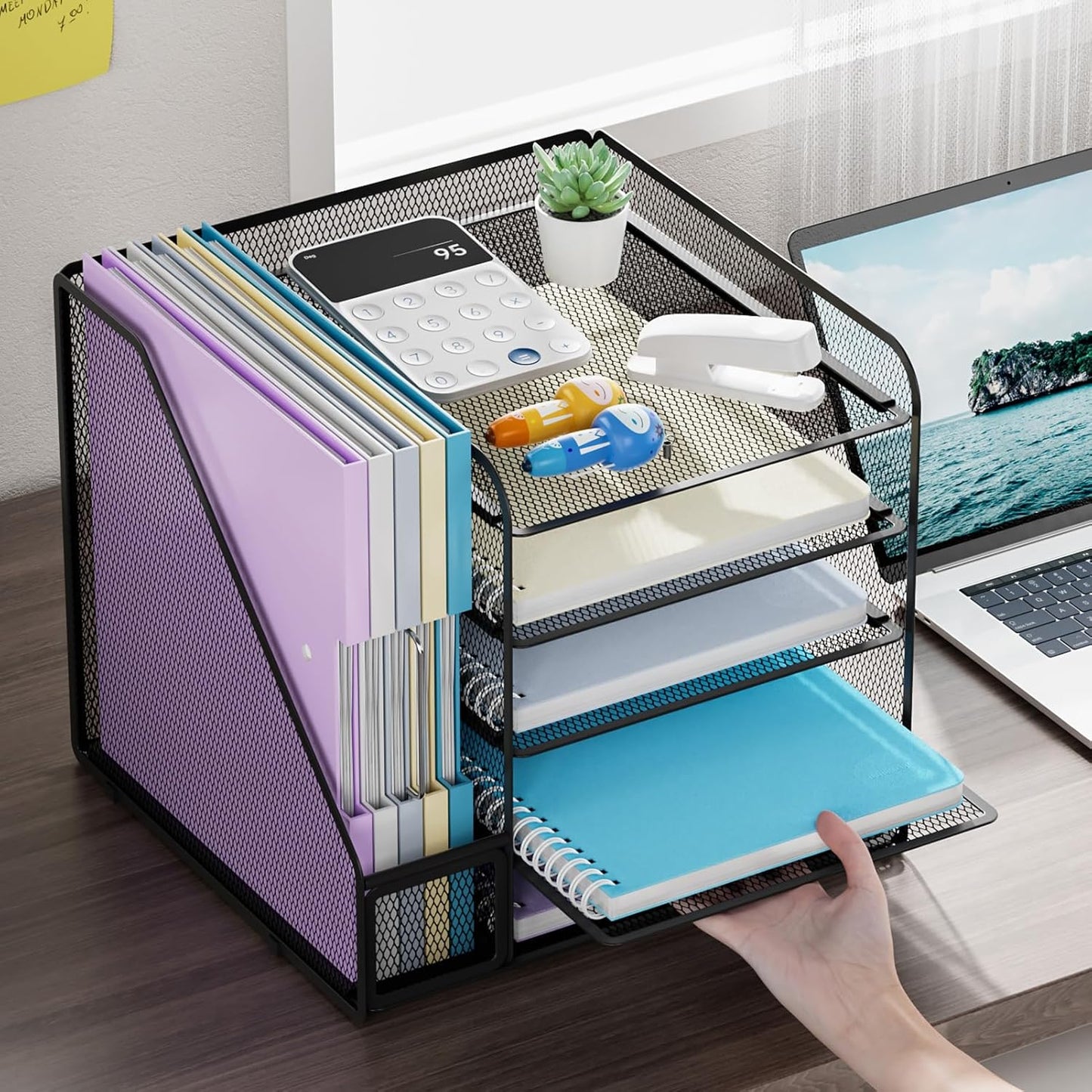 Marbrasse Desk Organizers and Accessories, 5-Tier Paper Letter Tray Organizer with File Holder, Mesh File Organizer, Office Desk Accessories & Organization for Supplies (Black)